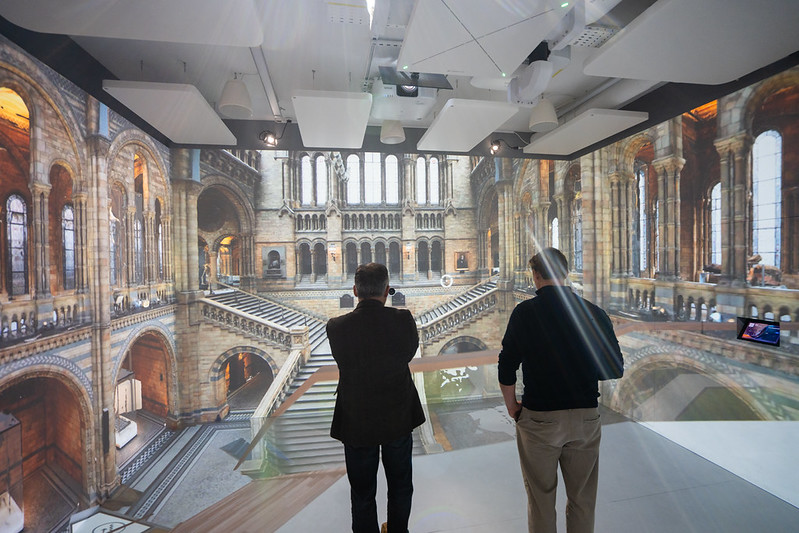 Two people stood in an immersive space looking at a museum projection