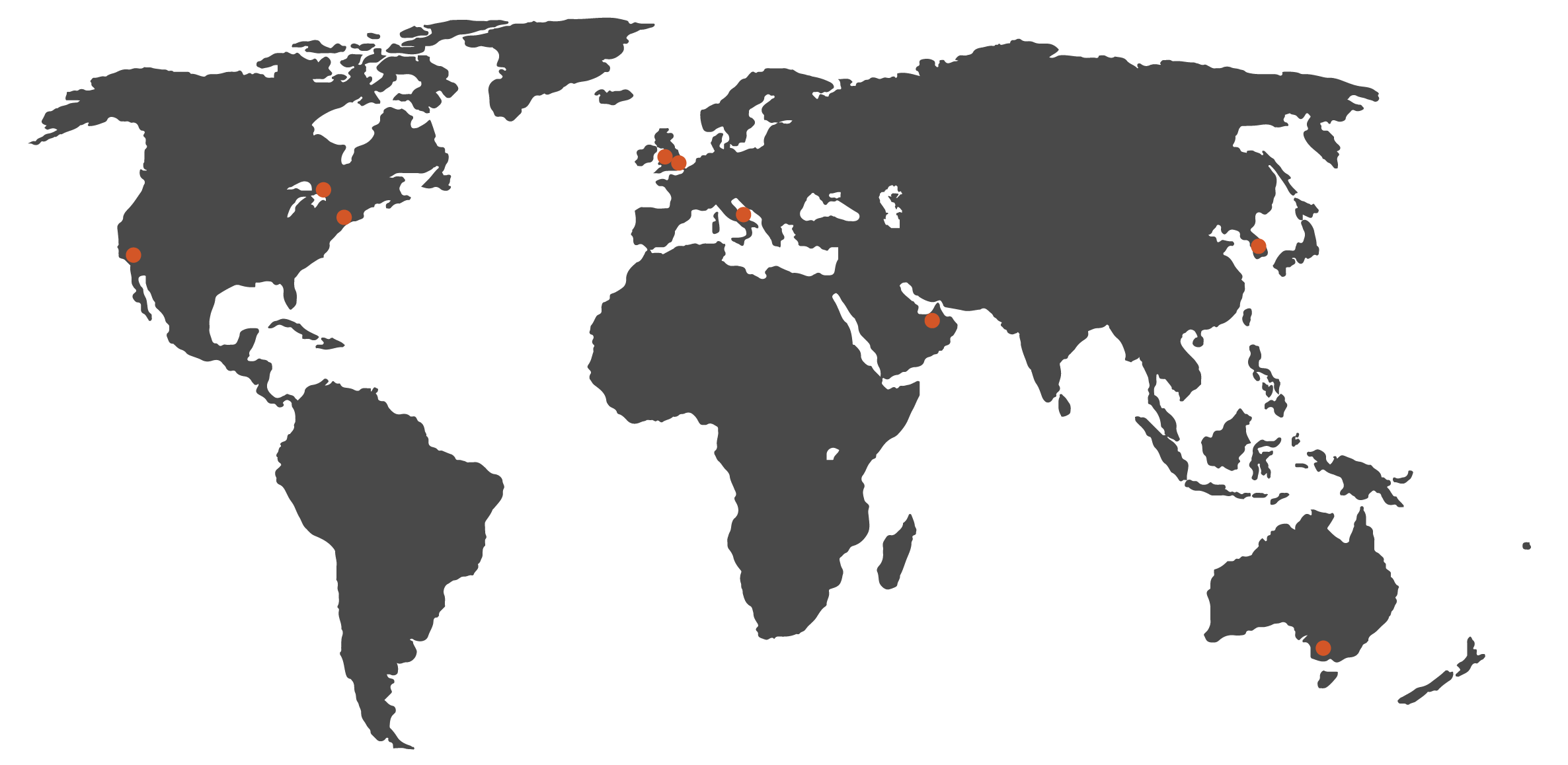 World map with office locations on white background