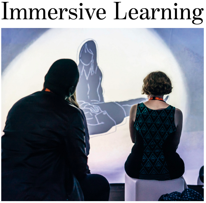 Text 'Immersive Learning' with two people in front of an Igloo screen